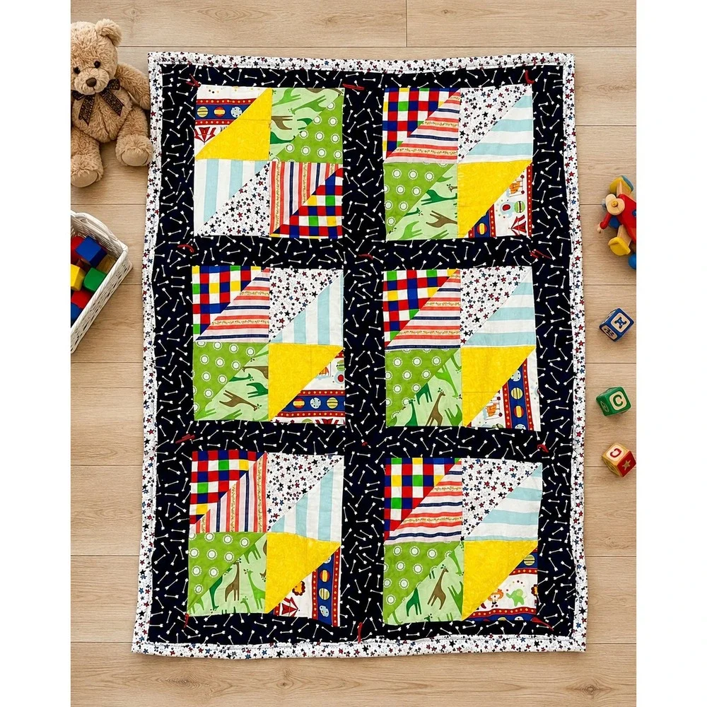 Handmade Patchwork Quilt 42x34 Colorful Kids Circus Animals Stars